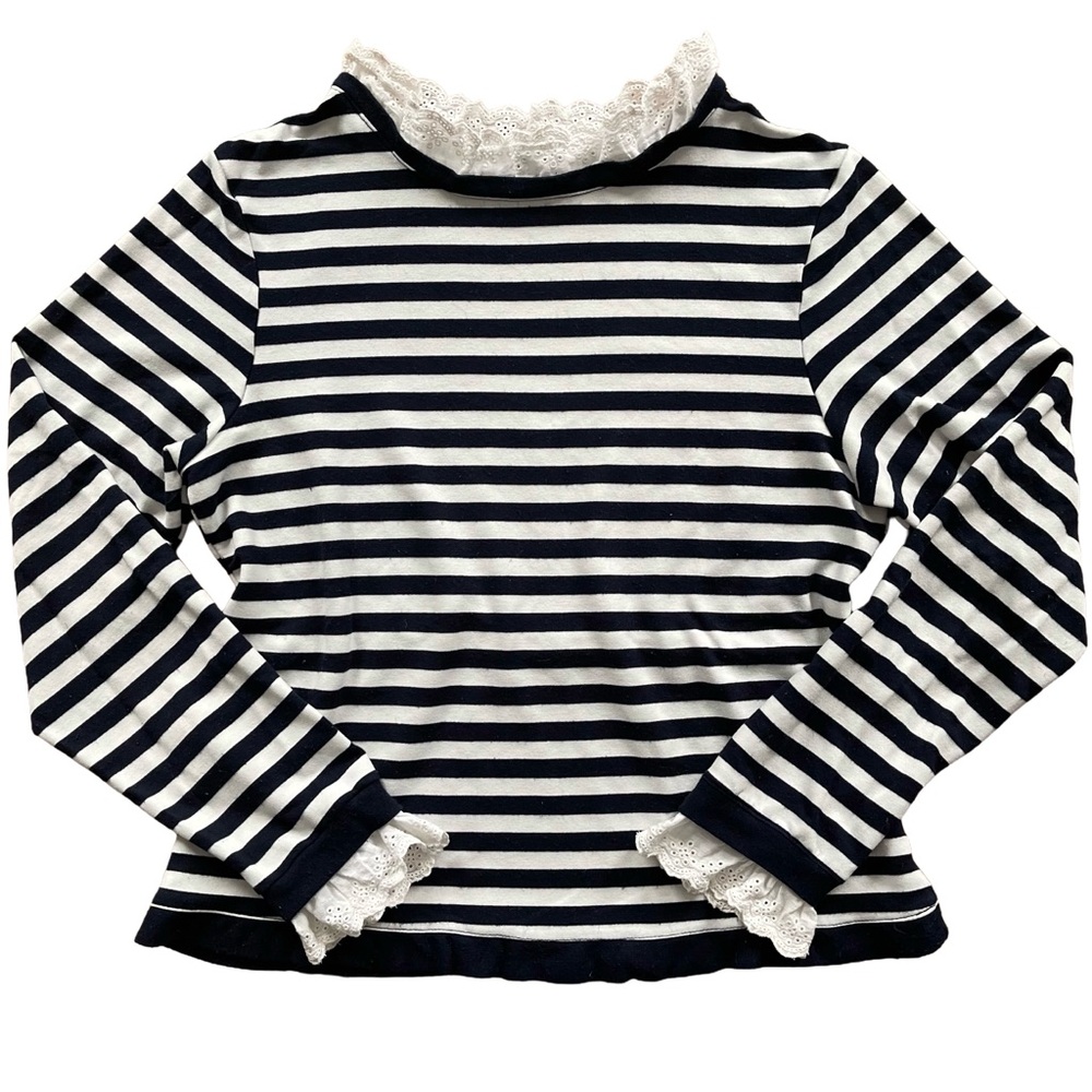 Suzy Shier Navy & White Striped Long Sleeve with Eyelet Lace Trim